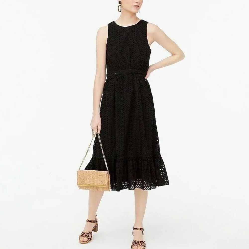 J. Crew Black Eyelet Tiered Midi Dress Fit Flare Sz XS Ruffles Romantic Feminine